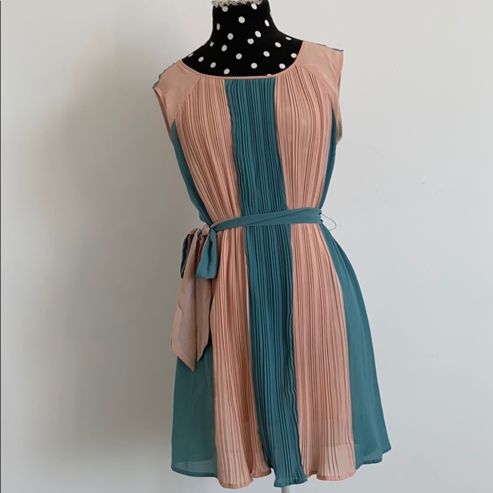 Pink and teal dress with belt